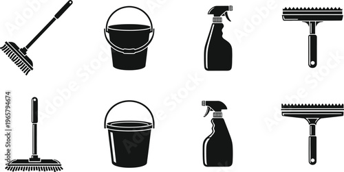 Black silhouette editable icon set cleaning tools collection for home commercial use