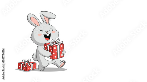 Adorable cartoon illustration of a happy grey bunny rabbit holding a red gift box with white stars and another gift box sitting nearby.
