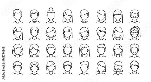 Minimalist avatar line icons, set of 32 diverse people profile symbols, thin stroke human head illustrations, black and white vector character faces