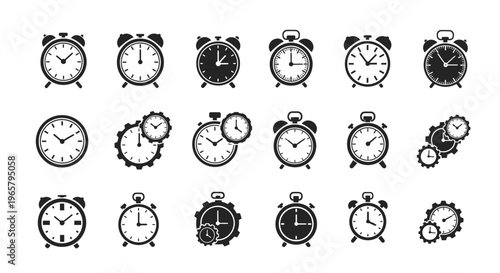 Various clock and alarm clock vector illustrations in black and white designs