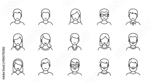 Minimalist user profile avatar icons, set of 15 thin line people characters, modern human head and shoulder portraits for web interface design