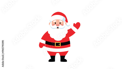 Jolly cartoon illustration of Santa Claus in his traditional red suit and white beard waving with one hand against a white background.