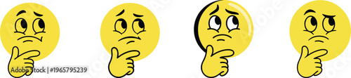 Set of thinking emoji faces with hand on chin in various styles expressing contemplation and doubt.