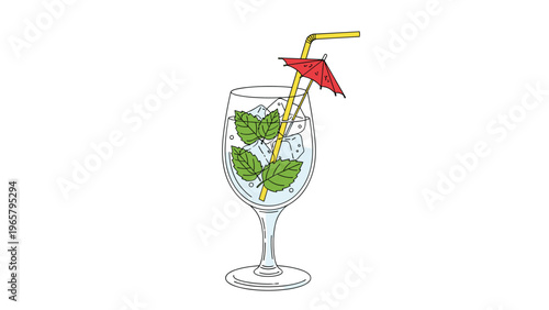 Refreshing mojito cocktail in a wine glass filled with ice, mint leaves, a yellow straw, and a small red decorative umbrella.