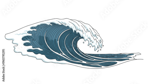 Artistic illustration of a large breaking ocean wave with white foam and blue water ripples inspired by traditional woodblock prints.