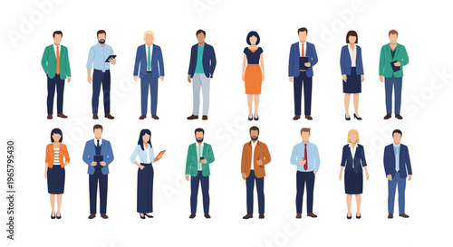 Diverse group of business professionals in various poses and outfits standing together