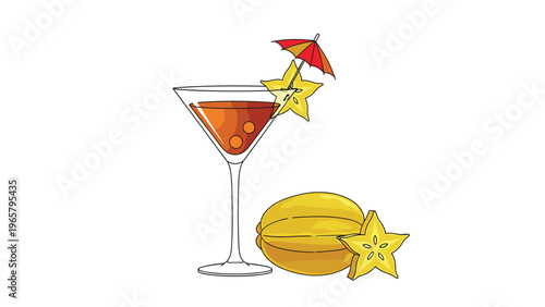 Orange tropical cocktail in a martini glass garnished with starfruit slices and a red paper umbrella next to a whole carambola.