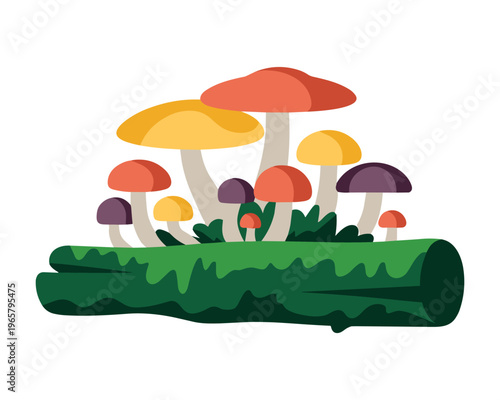 A colorful collection of cartoon mushrooms growing on a mossy log in a forest setting