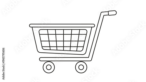 Simple black and white line art illustration of a supermarket shopping cart on wheels for e-commerce or retail design.