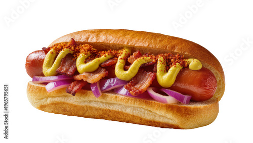 Canvas Print Golden toasted bun hot dog loaded with sausage crispy bacon red onion mustard ch