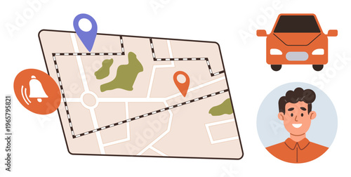 Transportation apps, navigation tools, ride-sharing services, user profiles, location tracking, digital maps. A map with markers, car icon notification bell and user avatar. Navigation tools