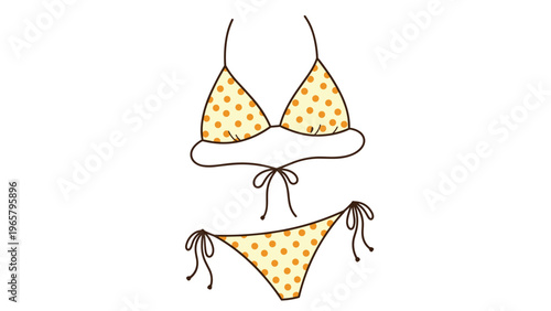 Classic two-piece bikini swimsuit with a yellow and orange polka dot pattern and tie strings on a white background.
