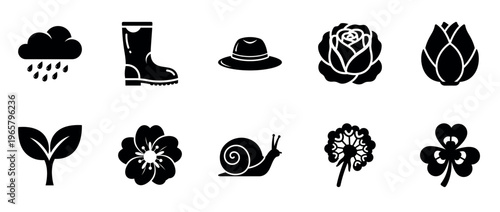 Garden icons depicting tools plants and weather on white