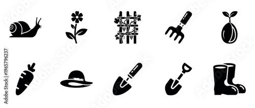 Garden icons showing planting tools and seedlings on white