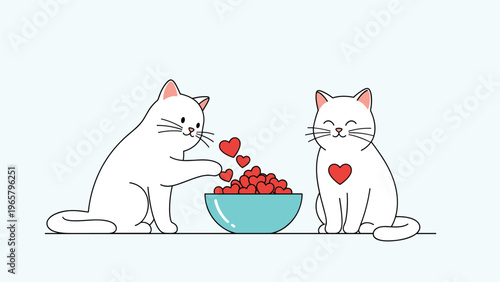 Romantic illustration of two white cats sitting next to a bowl full of red hearts, symbolizing love and companionship.