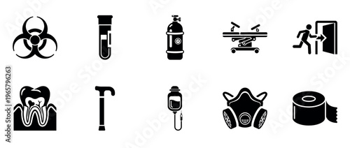 Biohazard and emergency medical symbols shown on white background
