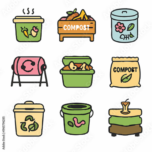 Colorful hand-drawn composting icons with various bins and methods