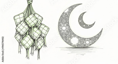 Lanterns and crescent moon illustration.