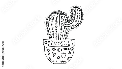 Detailed black and white line art illustration of a spiky cactus growing in a decorative ceramic pot with geometric patterns.