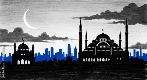 Mosque silhouette against city skyline night.