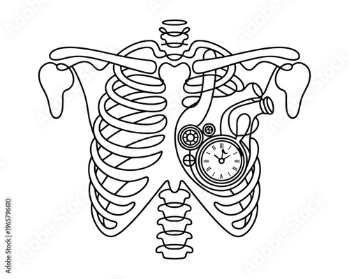Steampunk mechanical heart with clockwork gears inside human rib cage outline art illustration