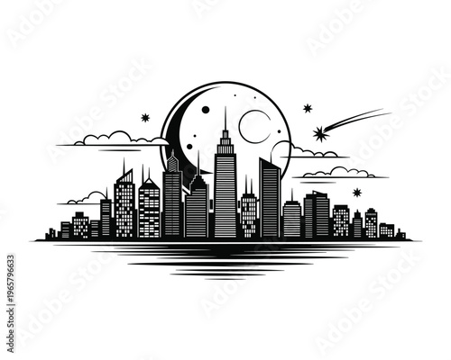 Stylized illustration of a nocturnal cityscape with skyscrapers under a large moon and a shooting star