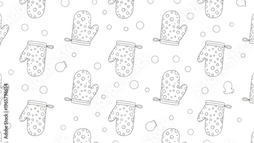 Seamless pattern of hand drawn oven mitts and kitchen gloves in black and white line art style for textiles or wallpaper.