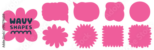 Pink wavy shapes, speech bubbles and floral silhouette forms. Trendy organic hand drawn stickers, fluid geometric icons, and cute design elements vector illustration isolated on transparent background