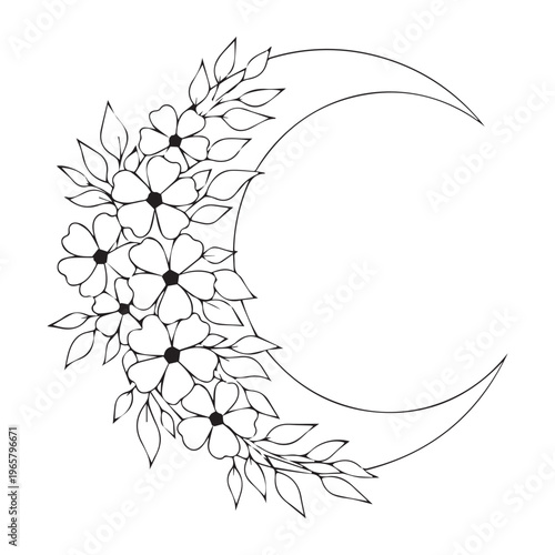 Floral Crescent Moon Line Art Illustration, Hand-Drawn Celestial Wildflower Sketch, Black and White Vector Design