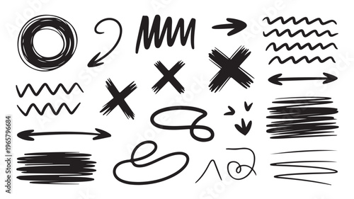 Hand Drawn Brush Strokes and Arrows Vector Set Black Ink Scribble Doodles for Graphic Design Elements