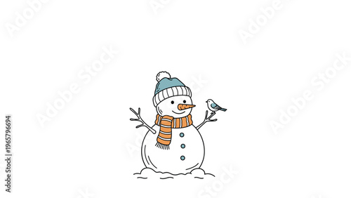 Cute hand drawn snowman wearing a blue winter hat and orange striped scarf with a little bird perched on its branch arm.