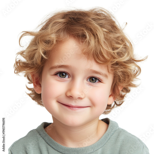 A charming young boy with curly blonde hair smiles genuinely, looking straight at camera. isolated on transparent background