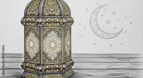 Traditional lantern on wooden table night.