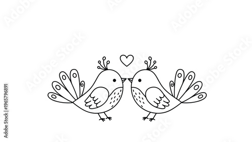 Sweet line art illustration of two birds facing each other with a small heart in the center symbolizing love and romance.