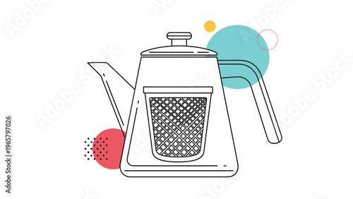 Modern kettle with a built-in tea infuser shown in a clean line art style with colorful abstract shapes in the background.