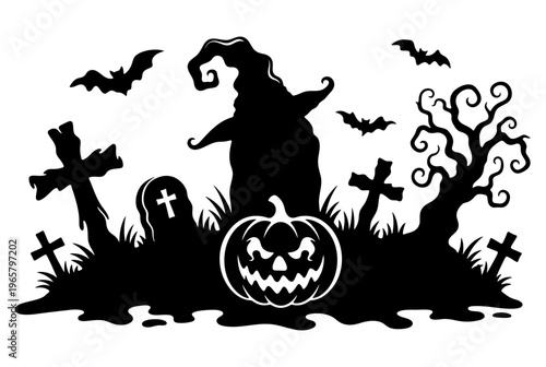 Halloween silhouette of a spooky graveyard with pumpkin and bats