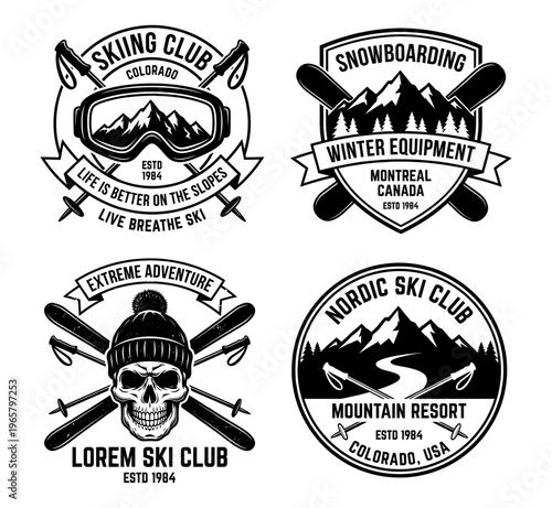 Vintage skiing club winter logo set with mountain skull and goggles