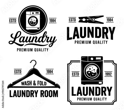 Laundry service logo set with washing machine hanger and clothespin