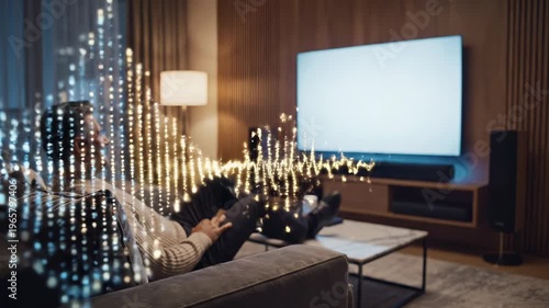 Man relaxing on couch with audio visualization in living room home entertainment and smart technology enhancements for modern lifestyle