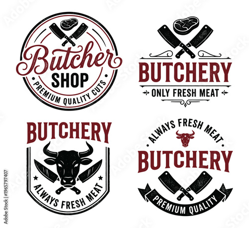 Vintage butcher shop meat logo set for branding with cleaver and steak