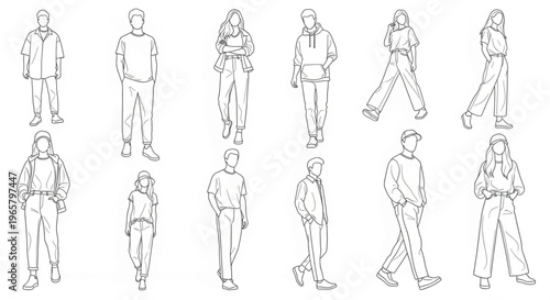 Minimalist line art people silhouettes, set of 12 casual fashion character sketches, black and white outline vector illustrations for architectural rendering