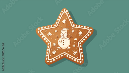 Festive star shaped gingerbread cookie decorated with a snowman and snowflake icing against a deep teal background.