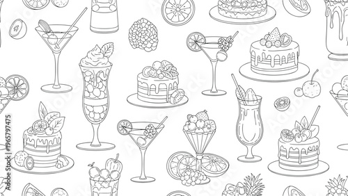 Seamless pattern of various desserts and cocktails in a detailed line art style featuring cakes, sundaes, and drinks.