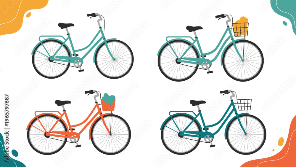 Fototapeta premium Set of four stylish city bicycles in different colors with some featuring baskets and flowers against abstract backgrounds.