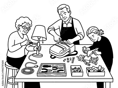 Adults repairing table lamp at community workshop