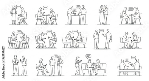 Minimalist line art people talking set, 15 vector icons of diverse characters in conversation, simple outline business and social interaction scenes