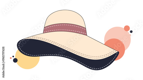 Stylish wide brimmed sun hat with a decorative ribbon shown against a background of abstract colorful circles.