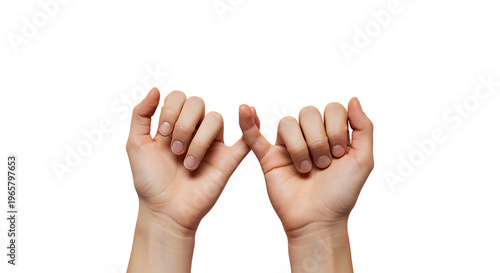 Two hands nearly touching pinky fingers extended in a playful gesture on transparent background.