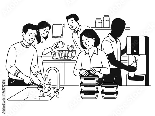 Coworkers refilling reusable containers in office kitchen