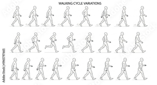 Set of 30 Walking Cycle Variations Line Art Vector